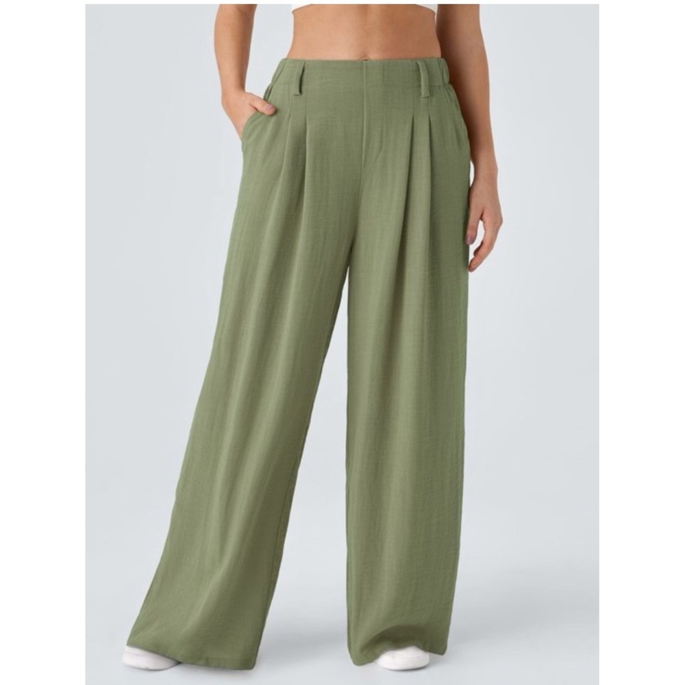NWT HALARA High Waisted Wide Leg Linen-Feel Pants Green XL